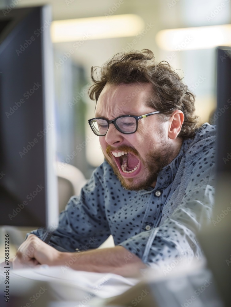 Poster focused professional working intently at computer - an individual is engrossed in work, typing on a 