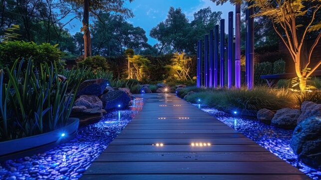 Enchanting Illuminated Garden with Colorful Flowers and Lush Greenery at Night