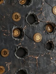 Bitcoins embedded in dark marble texture - Conceptual representation of cryptocurrency with Bitcoins lodged in cracks of dark marble indicating volatility and growth