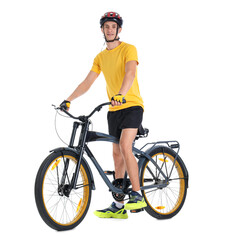 Obraz na płótnie Canvas Young man in helmet riding modern bicycle on white background