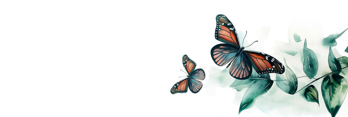 Watercolor butterflies and green leaves on white background with copy space