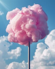 Sunlit cotton candy on blue sky background - Radiant sunbeams illuminate the pink cotton candy on a stick against a clear blue sky