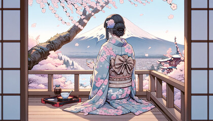 Tranquil Moment: Kimono, Tea, Sakura Season at Mount Fuji