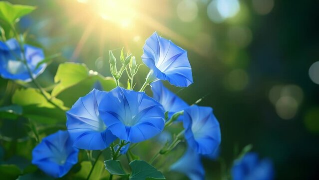 The delicate blue blooms of a morning glory vine their petals seeming to dance in the sunlight as it filters through them.