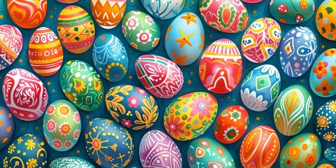 A colorful array of painted eggs with various designs and patterns