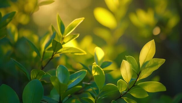 A symphony of colors as sunlight paints the leaves and plants in different shades of green and gold.