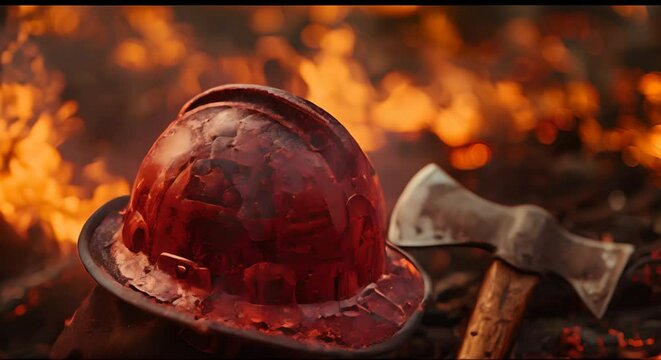 Firefighter's helmet and axe against a backdrop of flames