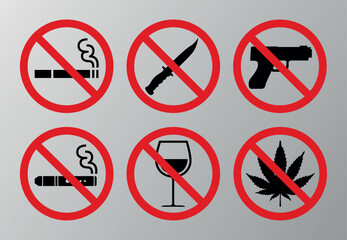 vector set of prohibition icons, prohibited smoking, prohibited vape, prohibited weapons, prohibited drugs, prohibited signage