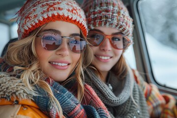 Two friends in stylish winter attire taking a selfie inside a car