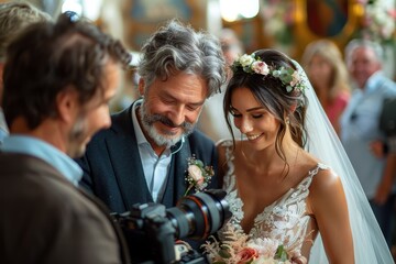 Heartwarming moment with a bride, her father, and a photographer at a wedding