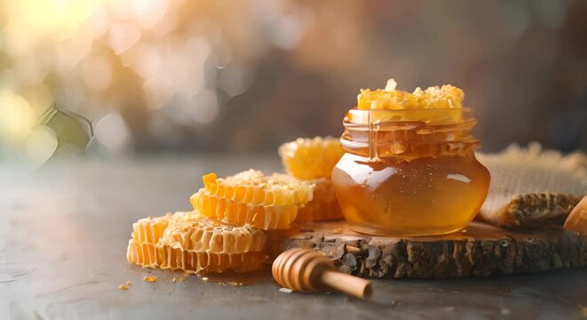 Raw honeycomb next to a jar of honey, bee's bounty