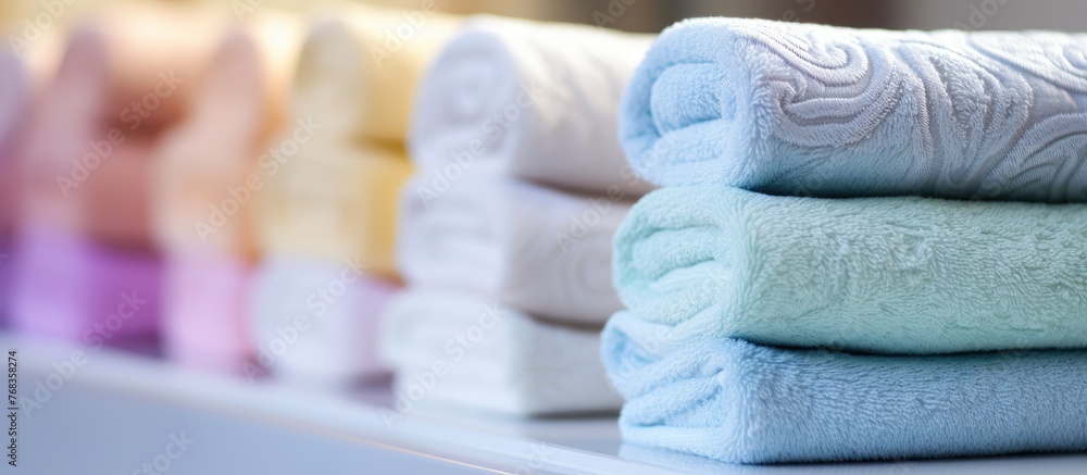 Poster colorful towels stack neatly on a shelf in a pleasing display of various hues and shades