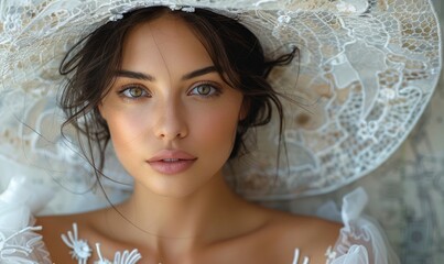 A beautiful woman wearing a huge white hat