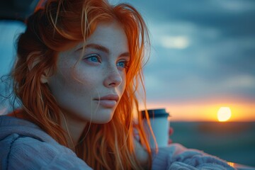 A ginger-haired woman with a thoughtful gaze wrapped in a warm sweater overlooks a beach at dusk