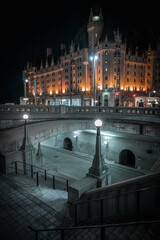 Staircase at Confederation Square leading to the Rideau Canal, with Wellington Street and the historic Fairmont Chateau Laurier hotel in the backdrop, downtown Ottawa at night, Ontario, Canada.