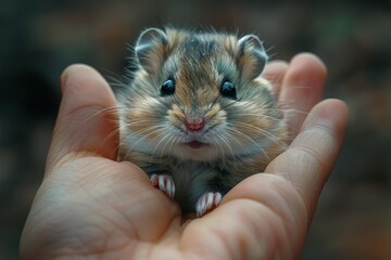 A human hand cradles a little hamster with big, expressive eyes, highlighting the animal's cuteness