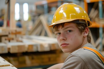 Teenage apprentice learning basic carpentry skills in a workshop gaining handson experience in building code requirements. Concept Carpentry Apprentice, Hands-On Learning, Building Code Requirements