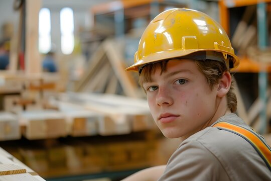 Teenage apprentice learning basic carpentry skills in a workshop gaining handson experience in building code requirements. Concept Carpentry Apprentice, Hands-On Learning, Building Code Requirements