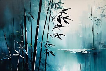 the Ink painting with bamboo tree in simple minimalist style - obrazy, fototapety, plakaty