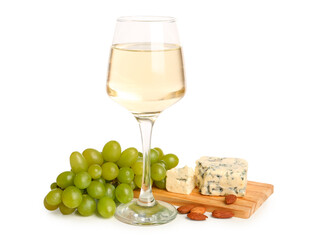 Glass of exquisite wine, cheese, nuts and grapes on white background