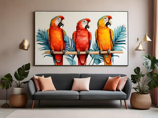 Parrot drawing with colorful palm prints on wall at home Ai generative 