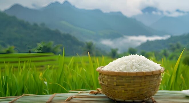 Paddy field rice with a bowl of white rice, staple of life