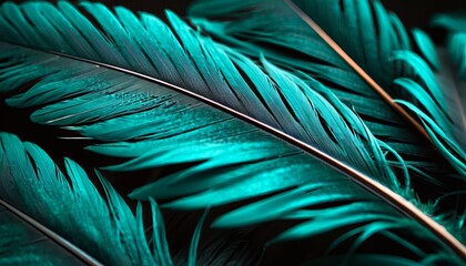 Blue feather, close-up. dark background, bright colors. Concept exotic texture of parrot, background, fashion, print or card design.