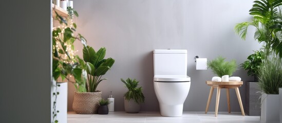 A bathroom with a toilet, stool, and houseplants in flowerpots, featuring wood flooring and a window overlooking a tree outside