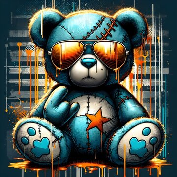 Digital art image of a green teddy bear sitting and wearing glasses