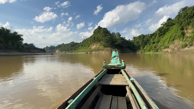 Fpv view of boat ride by Sangu River in Bandarban. Bangladesh.