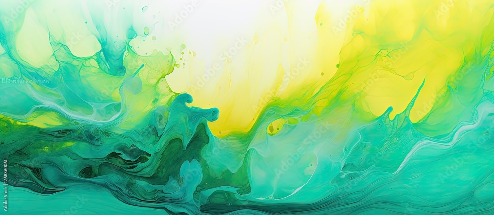 Poster an artistic representation of a wave with shades of green and yellow blending in an abstract paintin