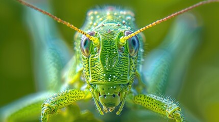 Intricate Grasshopper Face Captured Under Microscopic Magnification in Vibrant Green Natural Setting