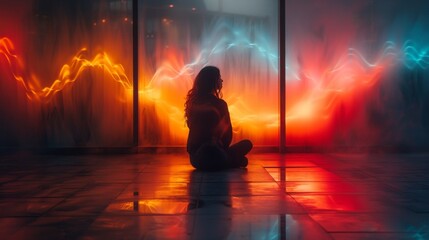 A person sitting crosslegged with their eyes closed surrounded by waves of colorful light emanating from their body as they harness the power of their thoughts.