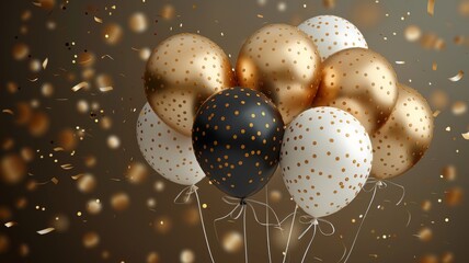 Group of golden balloons and falling confetti - A festive arrangement of several golden balloons with a backdrop of falling confetti brings a sense of celebration and luxury