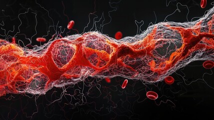 Electron microscopy image of a straight blood vessel showing intricate cellular and molecular details with high magnification and vibrant color - obrazy, fototapety, plakaty
