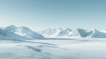 Endless icy plains with distant mountains - Serene arctic landscape showing an ice-covered expanse leading to distant snow-laden mountains - obrazy, fototapety, plakaty