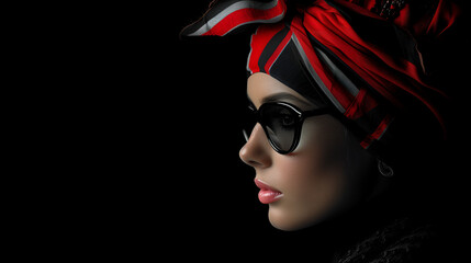 Side profile of African-American female - wearing a scarf and sunglasses - on a black background 