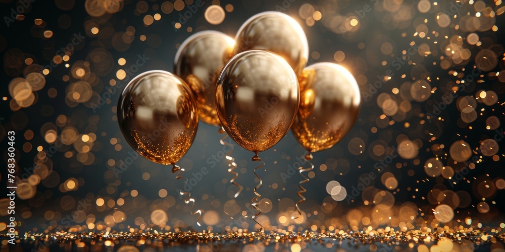 Poster golden balloons floating with glittery background - sparkling golden balloons rise amidst a shimmeri