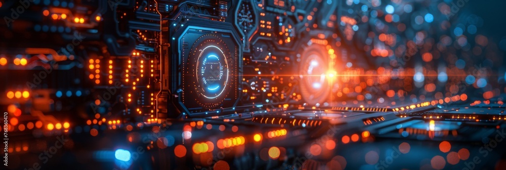 Poster futuristic circuit board with glowing elements - detailed close-up of a futuristic circuit board des