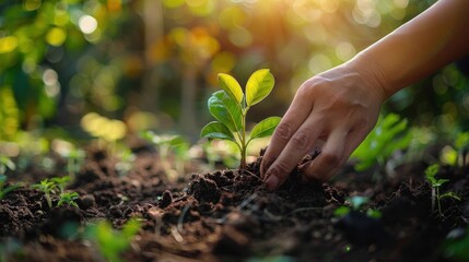Sun-kissed Farmer with Three Hand Protection Planting Trees in Garden Soil