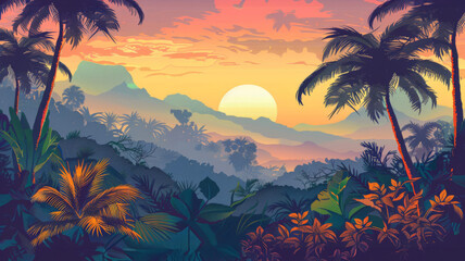 Fototapeta na wymiar Tropical sunset landscape with palm trees - A serene digital illustration of a tropical sunset landscape with silhouetted palm trees and mountains