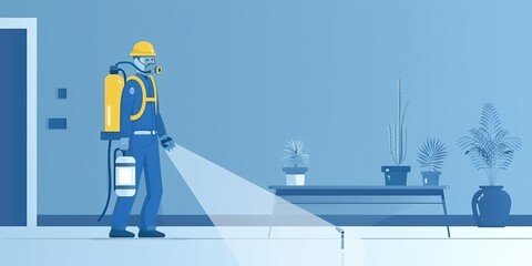 Obraz premium A man in a yellow and blue uniform is spraying a room with a sprayer