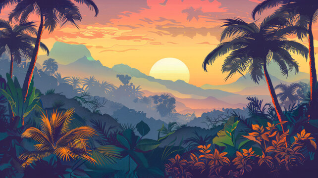 Tropical sunset landscape with palm trees - A serene digital illustration of a tropical sunset landscape with silhouetted palm trees and mountains