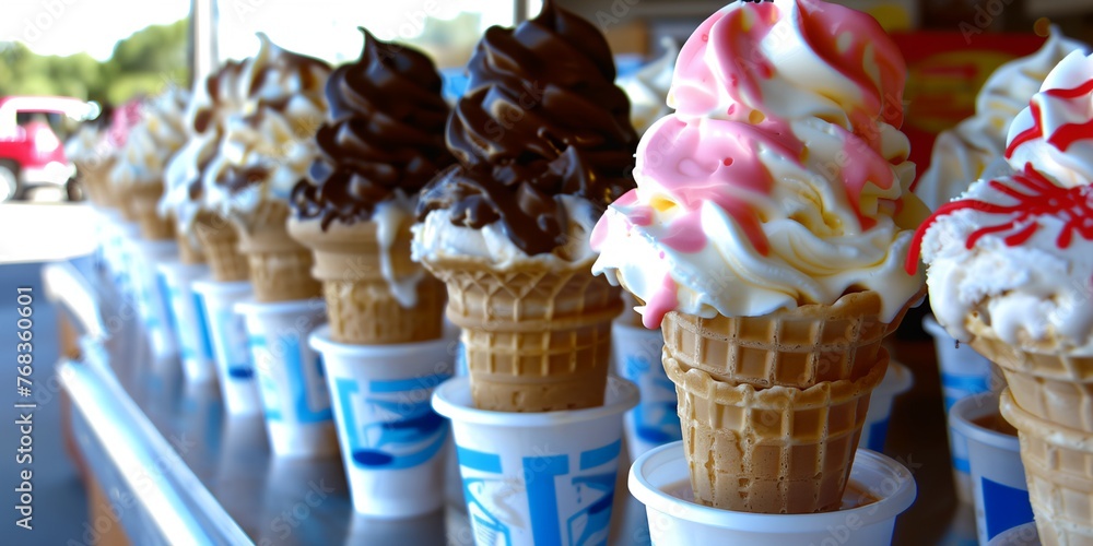 Poster a row of ice cream cones with different flavors. the cones are lined up in a row, with some of them 