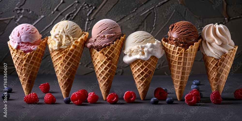 Poster a row of ice cream cones with different flavors. the cones are lined up in a row, with some of them 