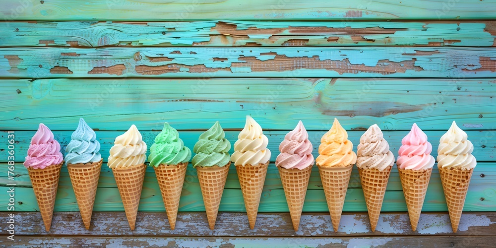 Poster a row of ice cream cones with different flavors. the cones are lined up in a row, with some of them 