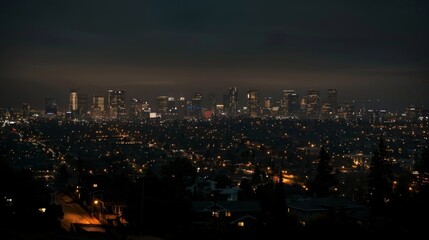 Obraz premium A darkened city skyline with only a few tered lights still shining in some buildings highlighting the widespread power outage.