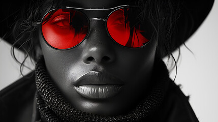 African-American black female wearing a hat and red sunglasses - stylish edgy fashion - black and white photograph with color splash - mysterious - dramatic - cinematic 