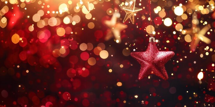 Abstract red background and hanging gold shine stars. New year, Christmas background with gold stars and sparkling. Christmas Golden light shine particles bokeh on red background