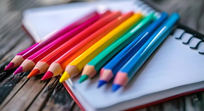 Brightly colored pencils and sketchbook, artistic inspiration, noon